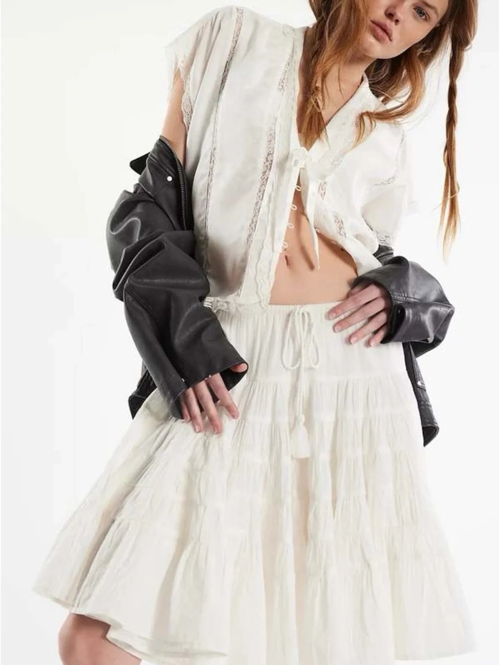 Free People Many Layers 100% Cotton Boho Prarie Y2K Flowy White Midi Skirt XS